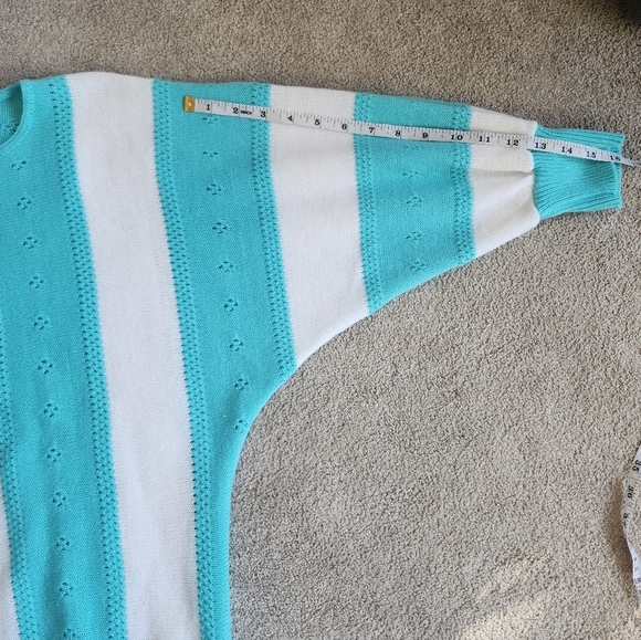 80s Vintage SEARS Teal and White Women's Knit Top 3/4 Length Sleeve Sweater - Picture 8 of 12